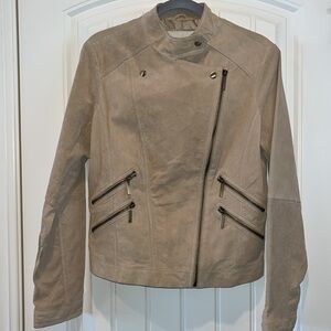 TAN camel genuine suede leather moto zip jacket coat size L edgy cute versatile